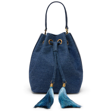 Front view of Mikó Bucket Bag in Denim and Leather 