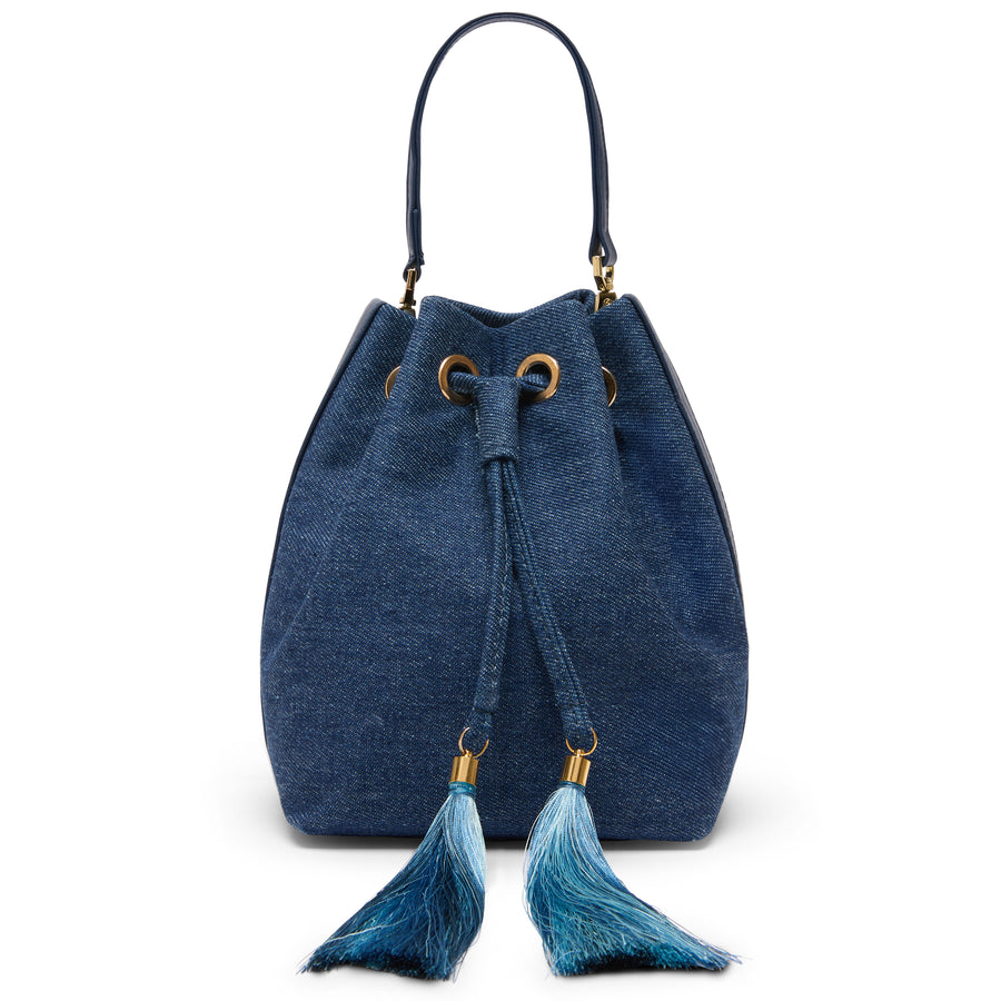 Front view of Mikó Bucket Bag in Denim and Leather 