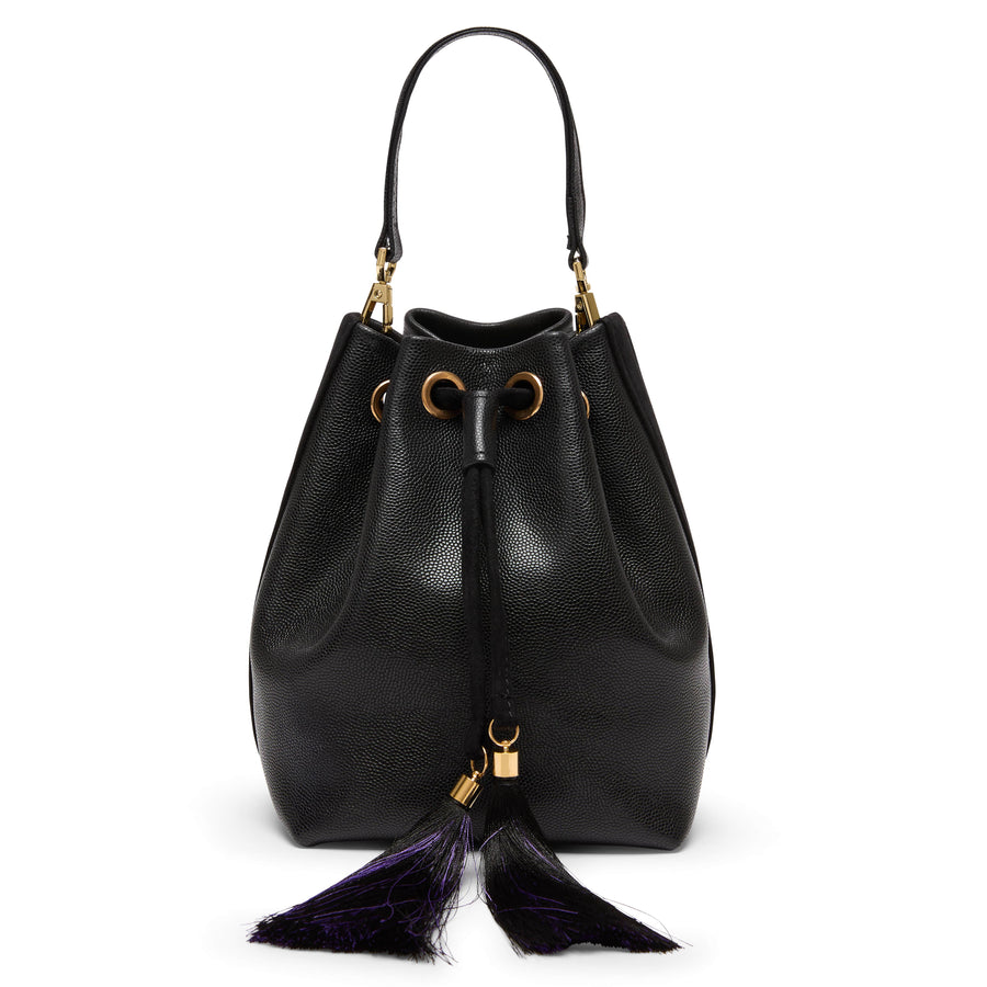 Front view of Miko bucket bag in black pebbled leather