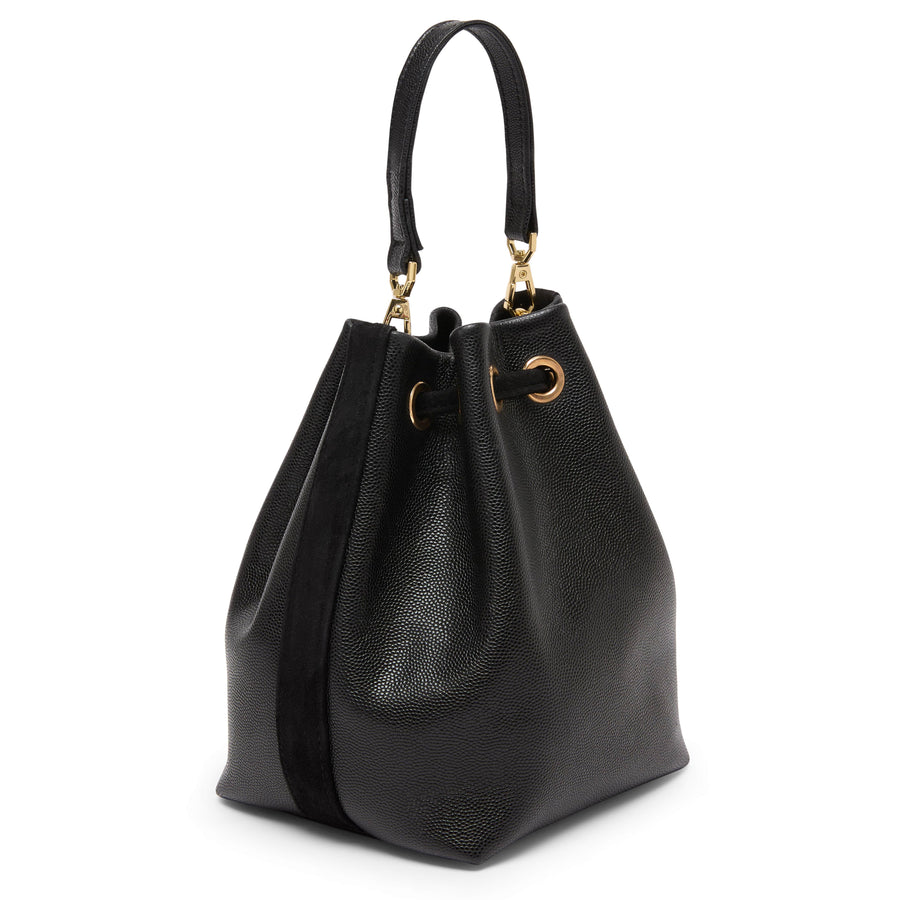 Side view of Miko bucket bag in black pebbled leather 