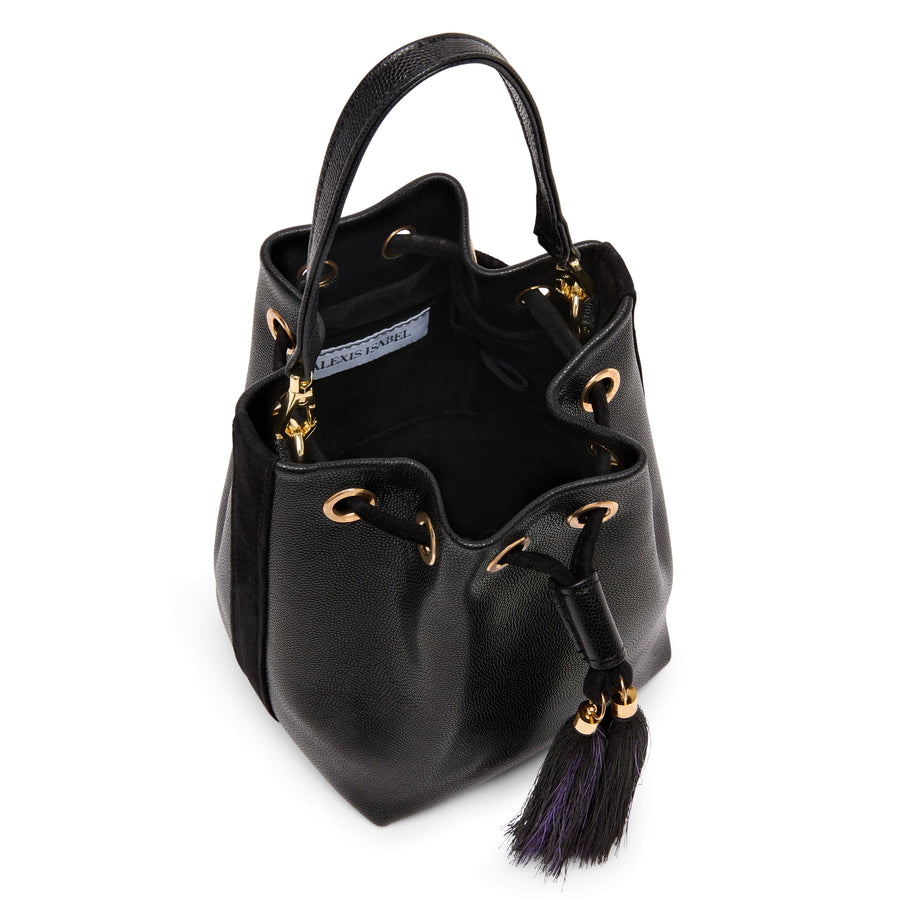 Top view of Miko bucket bag in black pebbled leather