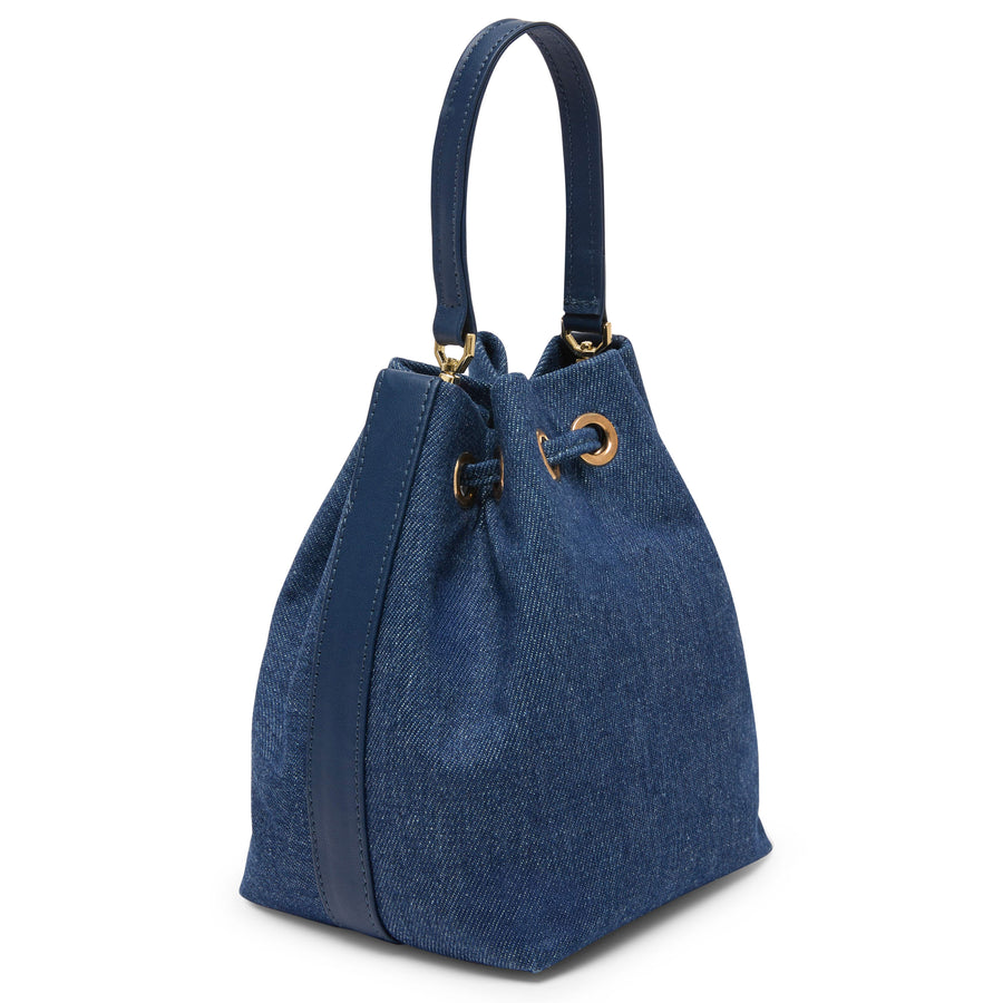 Side view of Mikó Bucket Bag in denim and leather