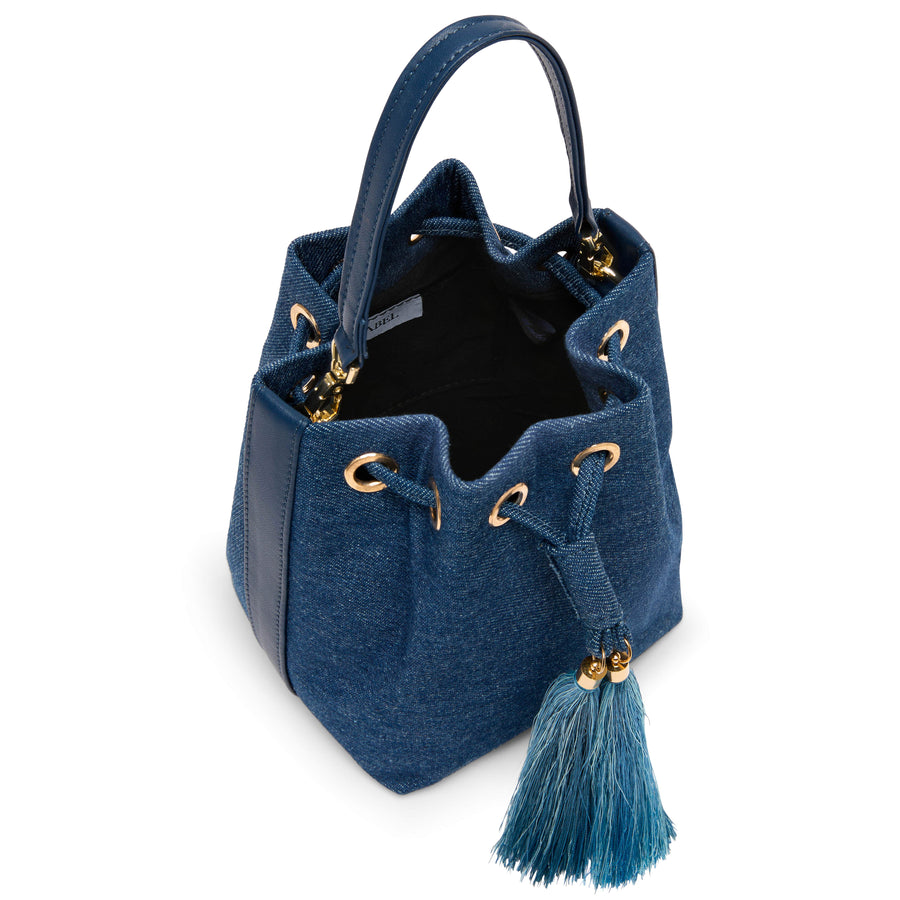 Top view of Mikó Bucket Bag in Denim and Leather