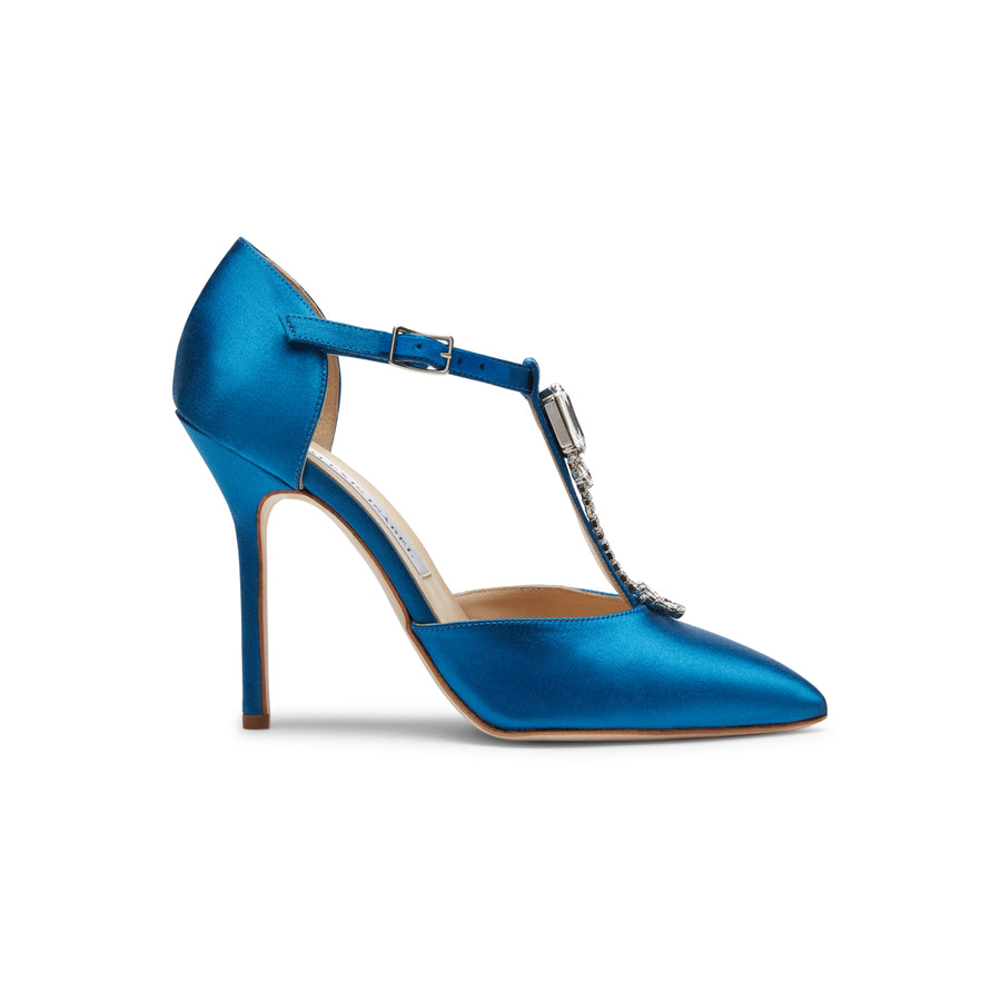 Bejeweled Baby Blue Satin Heels