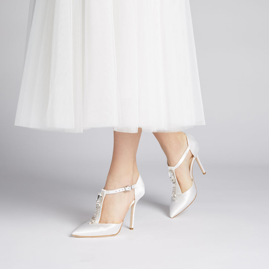 White Bridal Shoes: Satin Bejeweled Baby Pumps | Alexis Isabel