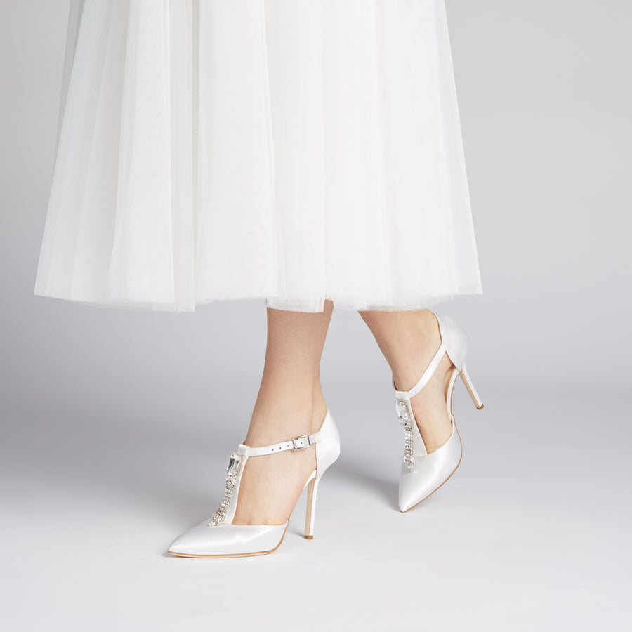 Bejeweled Baby White Satin Heels